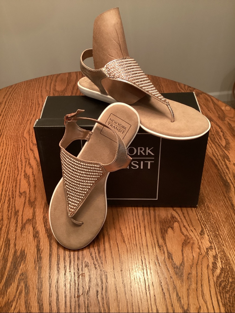 New York Transit Taupe Rhinestone T-Strap Sandals